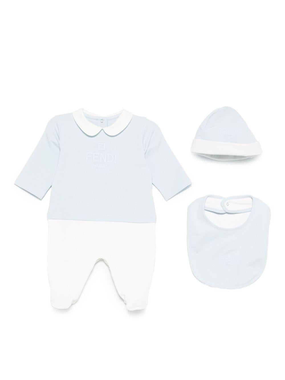 Set body cappello e bavaglino per neonato Fendi Kids azzurro con colletto alla Peter Pan BUK146 8RA F19J4 FENDI KIDS