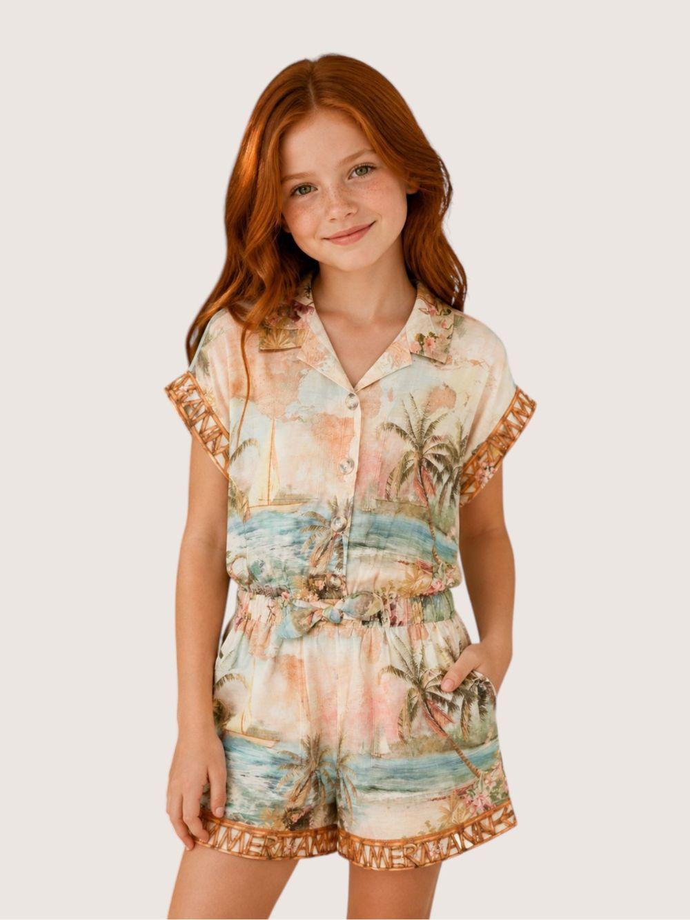 Tuta intera per bambina Zimmermann Kids beige con stampa grafica all-over 1239YS S263 ZIMMERMANN KIDS