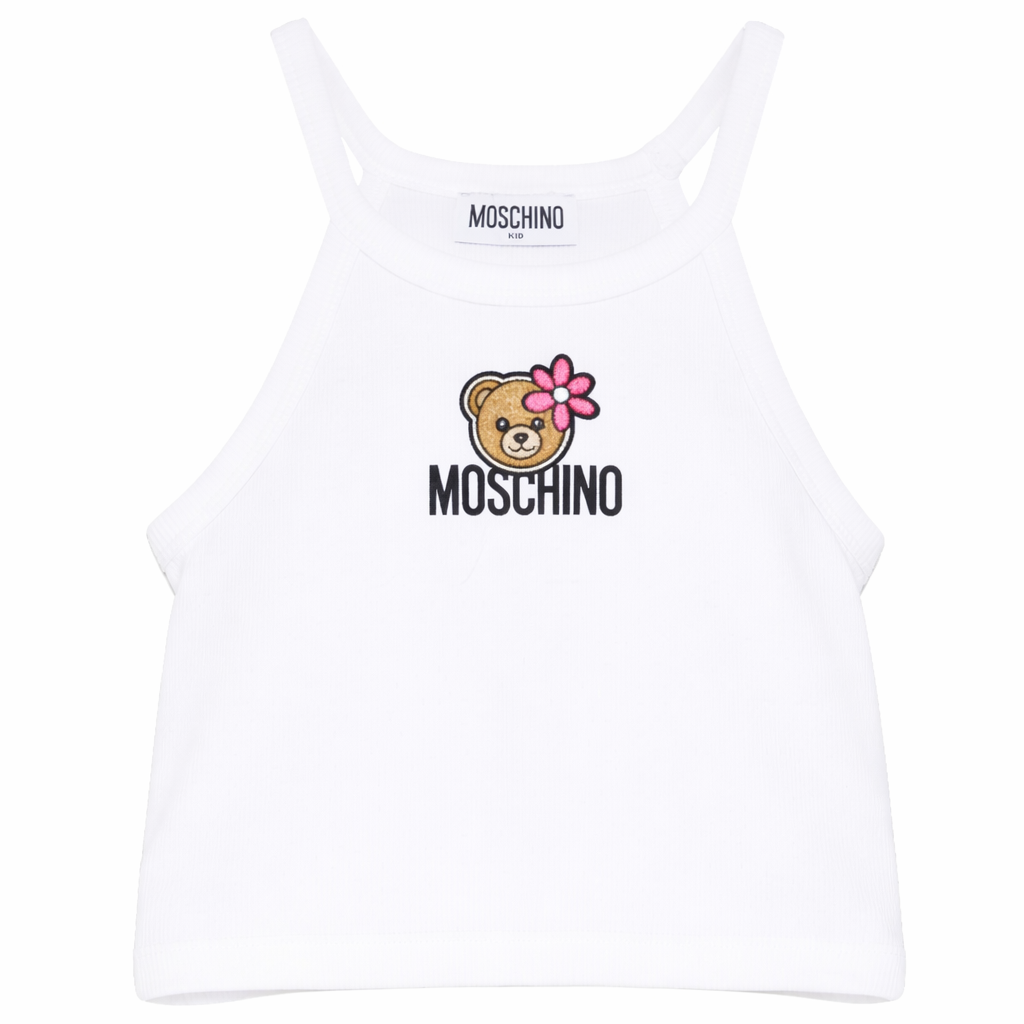 Top per bambina Moschino Kids bianca con stampa Teddy Bear con fiore HDM06ZLBA39 10101 MOSCHINO KIDS