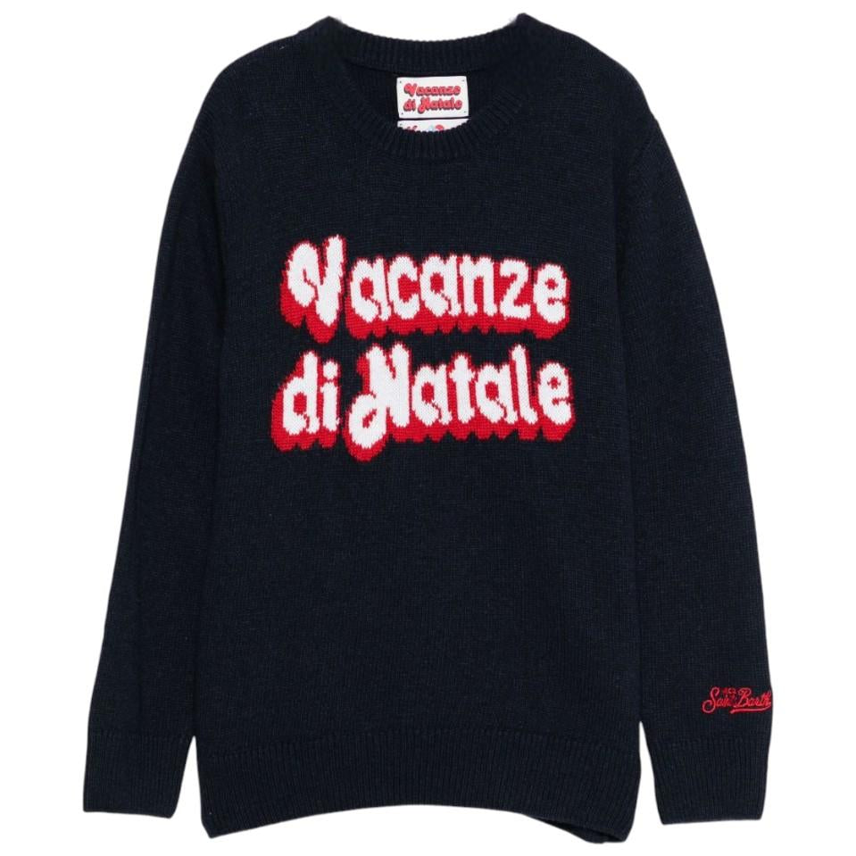 Maglione per bambino MC2 Saint Barth Kids blu con scritta "Vacanze di Natale" DOU0001 00013I MC2 ST. BARTH KIDS