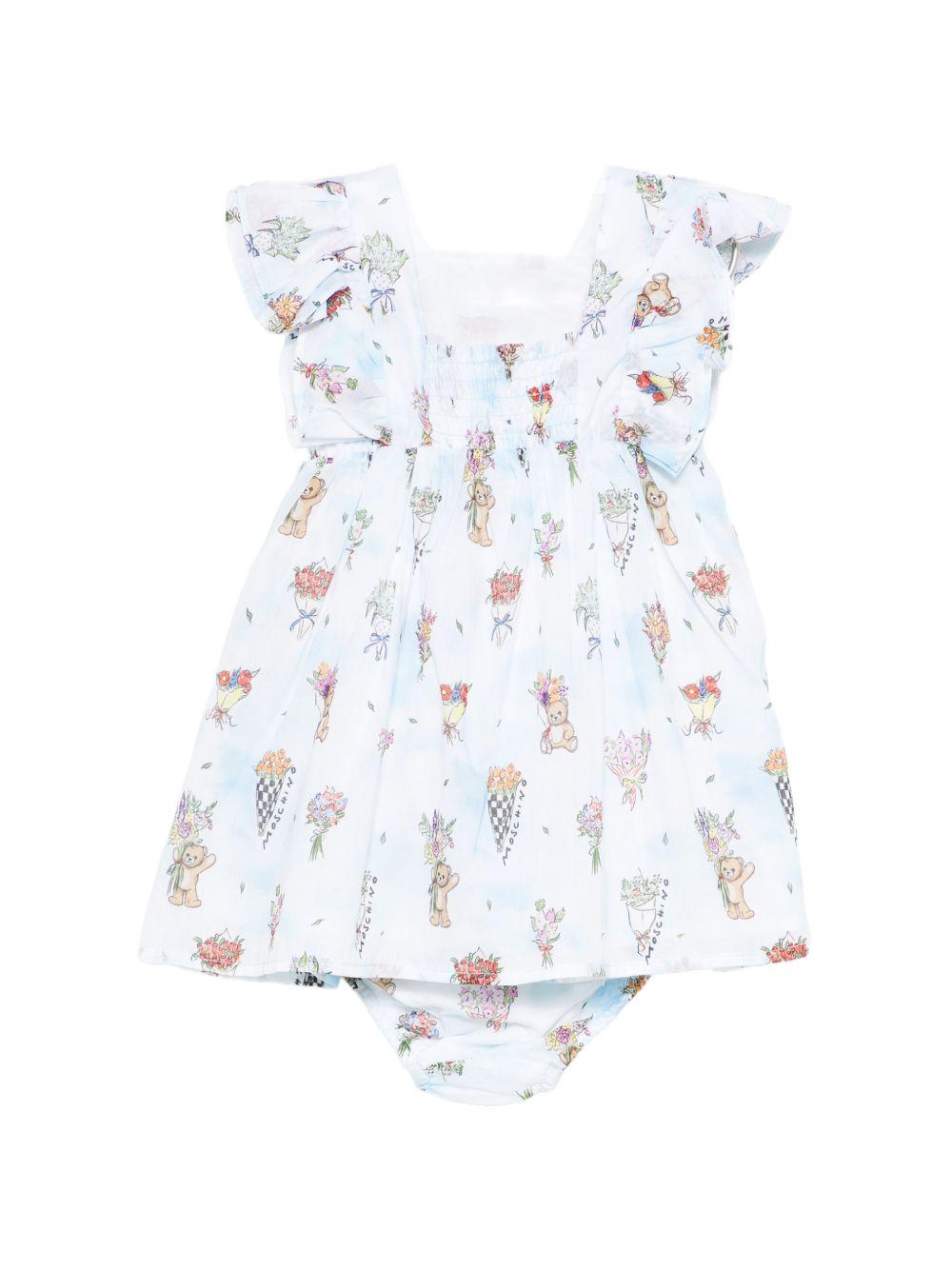 Abito per neonata Moschino Kids azzurro con stampa teddy bear all-over MDV0DAL1B13 83281 MOSCHINO KIDS