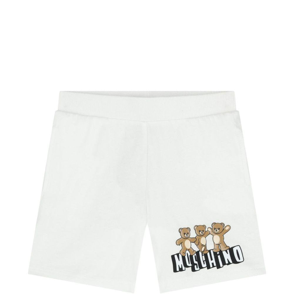 Shorts per neonato Moschino Kids bianchi con tre Teddy Bear MUQ01ULAA17 10101 MOSCHINO KIDS