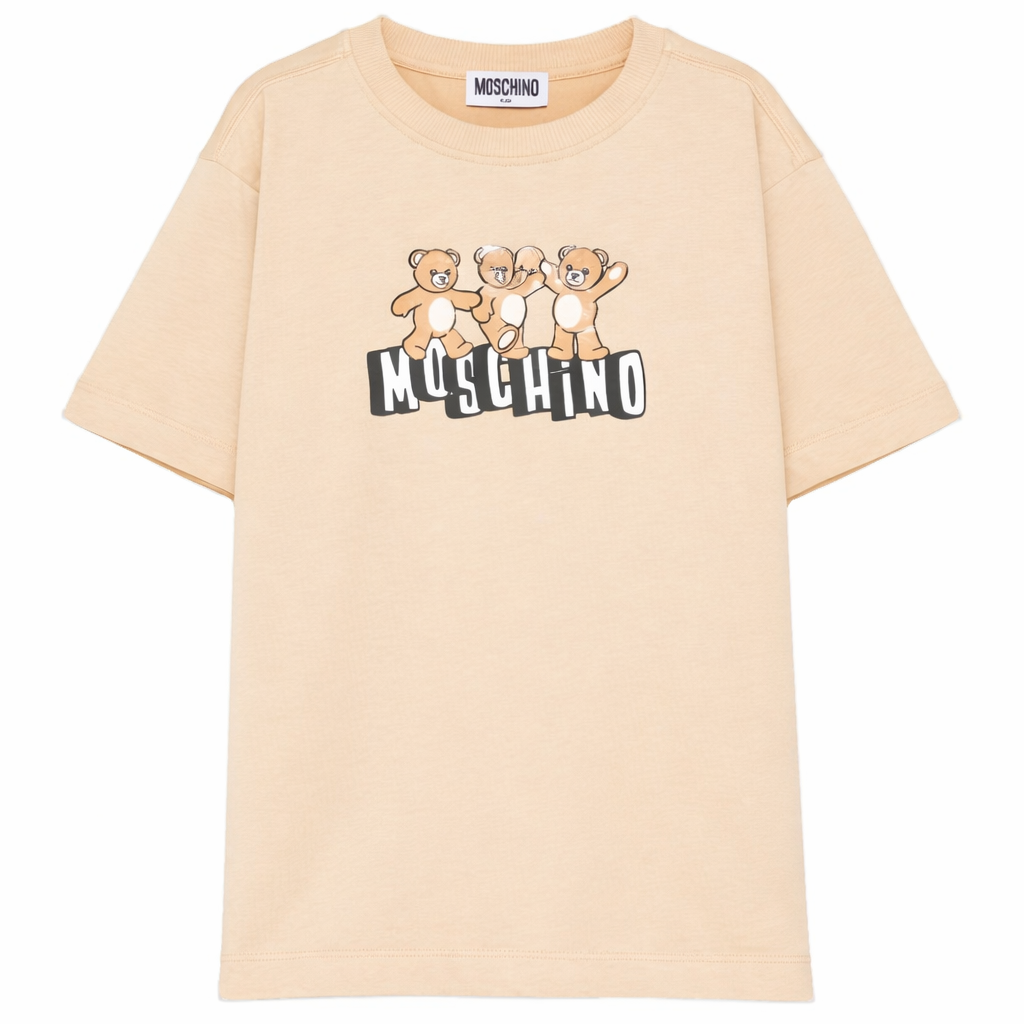 T-shirt per bambini Moschino Kids beige con stampa tre Teddy Bear HUM05PLAA23 20829 MOSCHINO KIDS