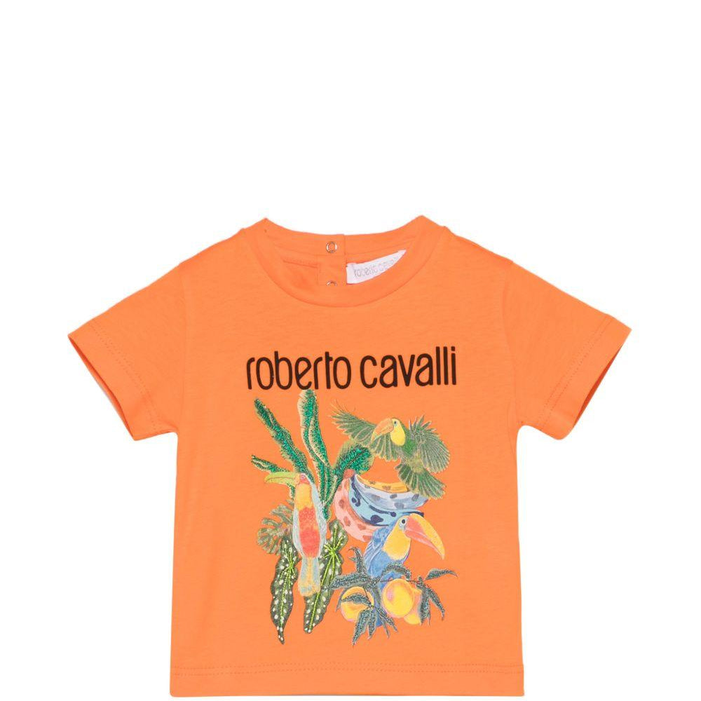 T-shirt per neonato Roberto Cavalli Kids arancione con stampa grafica tropicale CIP26083TS ORANGE BOP ROBERTO CAVALLI KIDS