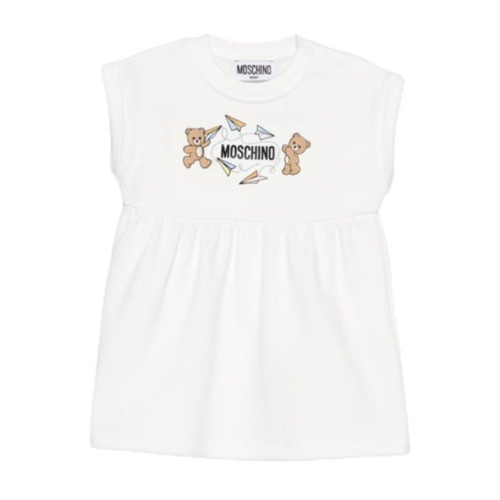 Abito per neonata Moschino Kids bianco con stampa due Teddy Bear MDV0DFLCA86 10063 MOSCHINO KIDS