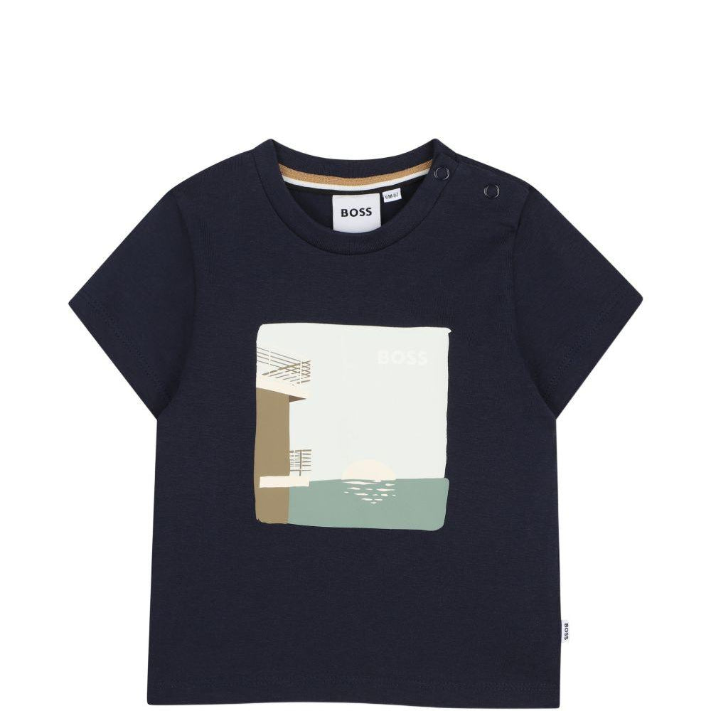 T-shirt per neonato Boss Kids blu con stampa grafica sul davanti J52886 849 BOSS KIDS