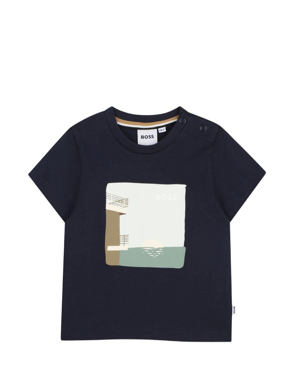 T-shirt per neonato Boss Kids blu con stampa grafica sul davanti J52886 849 BOSS KIDS