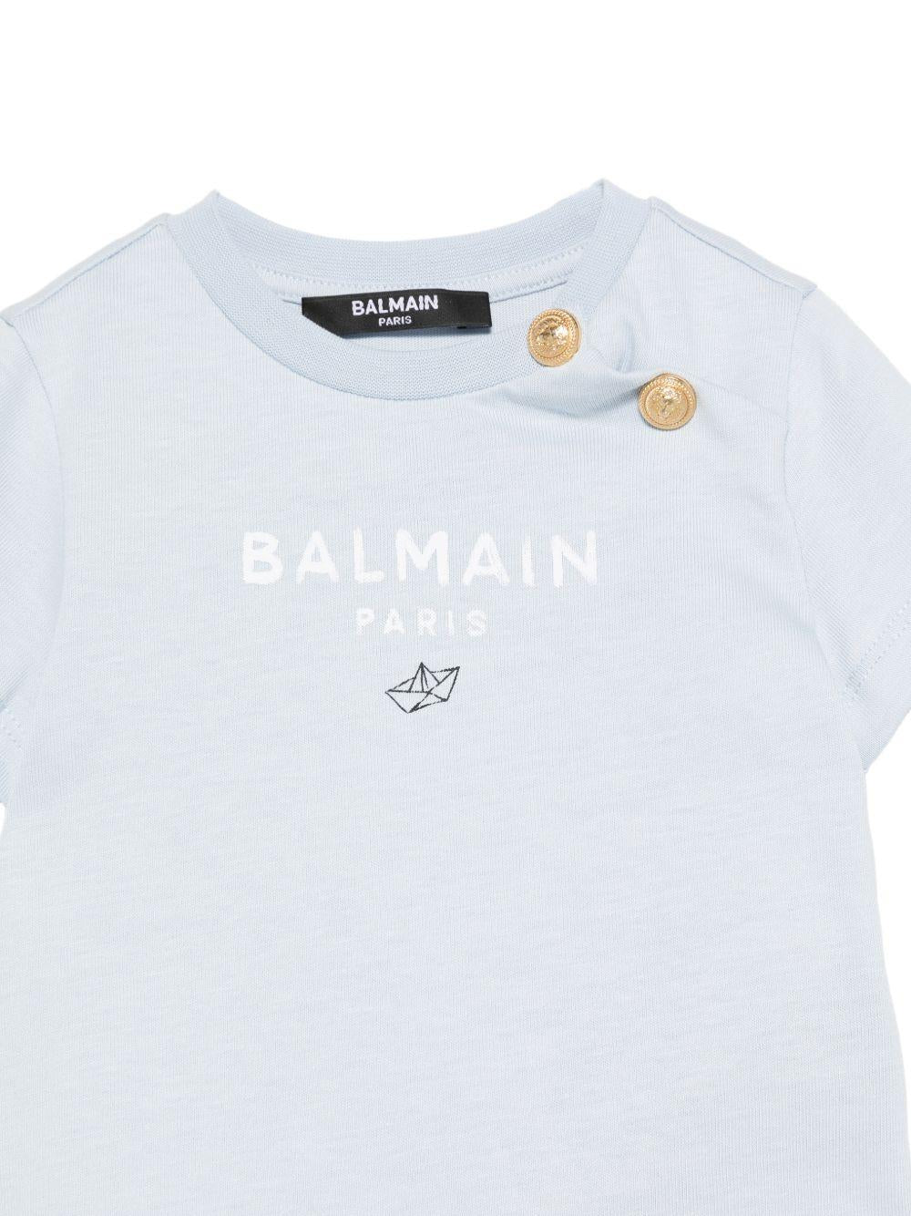 T-shirt per neonato Balmain Kids azzurra con dettaglio bottoni oro BY8551 Z3672 685BC BALMAIN KIDS