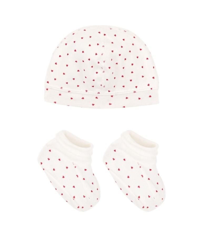 Set cuffietta e babbucce per neonati Petit Bateau bianco con stampa cuoricini all-over A0ARZ 00 PETIT BATEAU