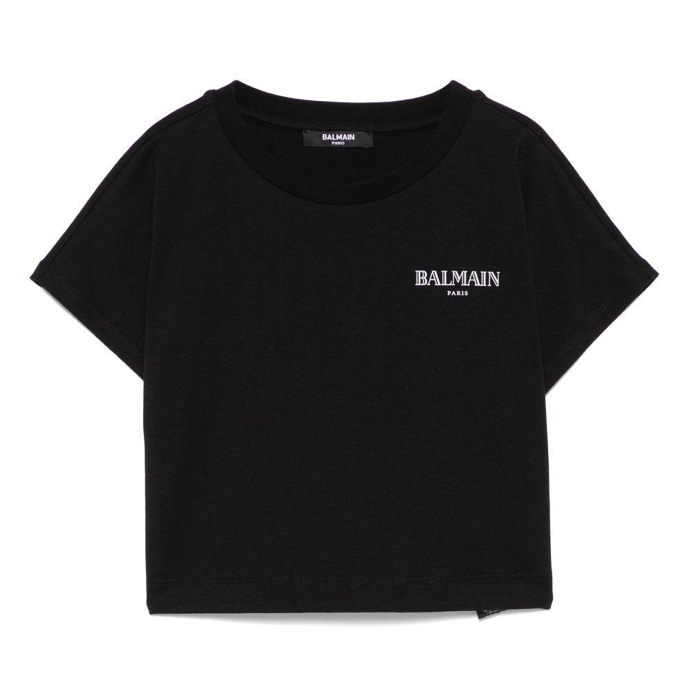 T-shirt con stampa logo per bambina Balmain Kids nero con orlo dritto BW8A31 Z0116 930BC BALMAIN KIDS
