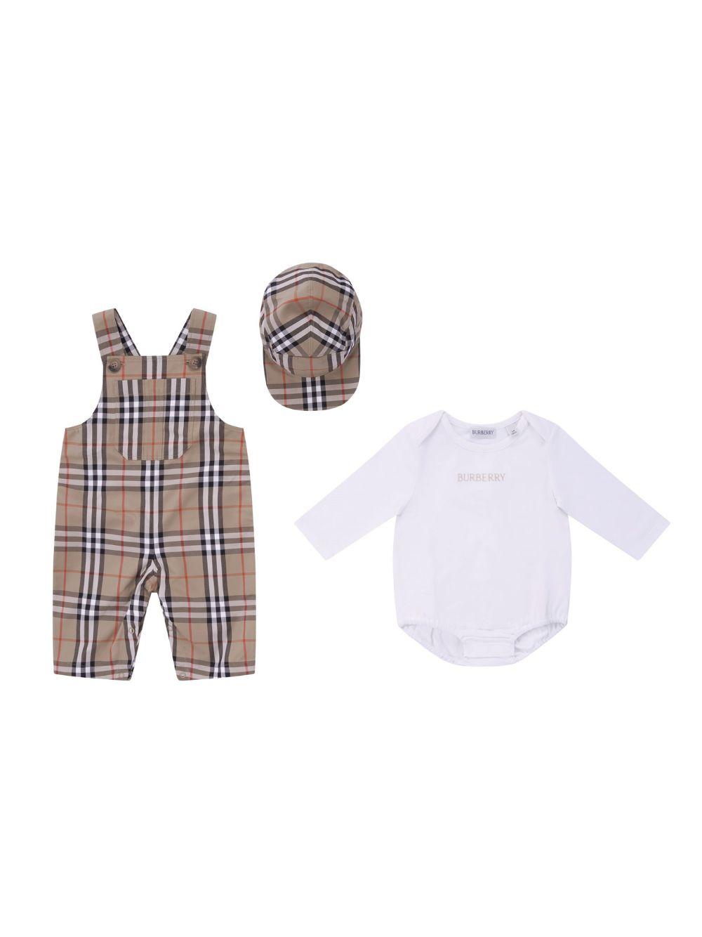Set tre pezzi per neonato Burberry Kids beige con caratteristico motivo Vintage Check 8117965 B9368 BURBERRY KIDS