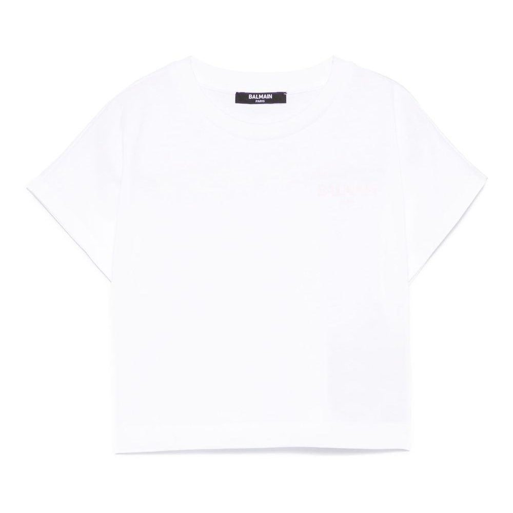 T-shirt con stampa logo per bambina Balmain Kids bianco con orlo dritto BW8A31 Z0116 100RS BALMAIN KIDS