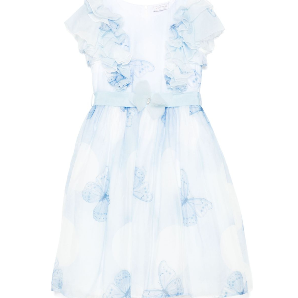 Abito per bambina Monnalisa azzurro con stampa farfalla con dettagli con ruches 71E911 5621 0158 MONNALISA