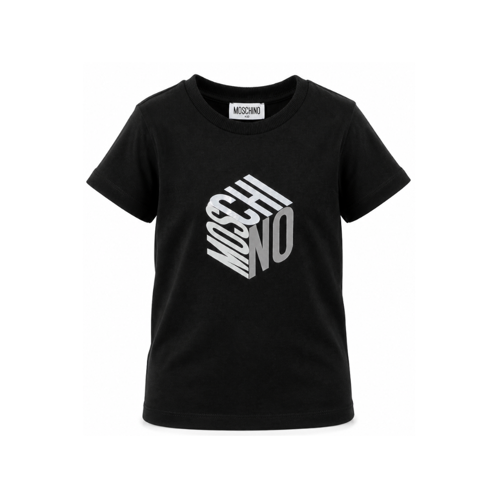 T-shirt per bambini Moschino Kids nera con stampa grafica del logo HMM05VLAA57 60100 MOSCHINO KIDS