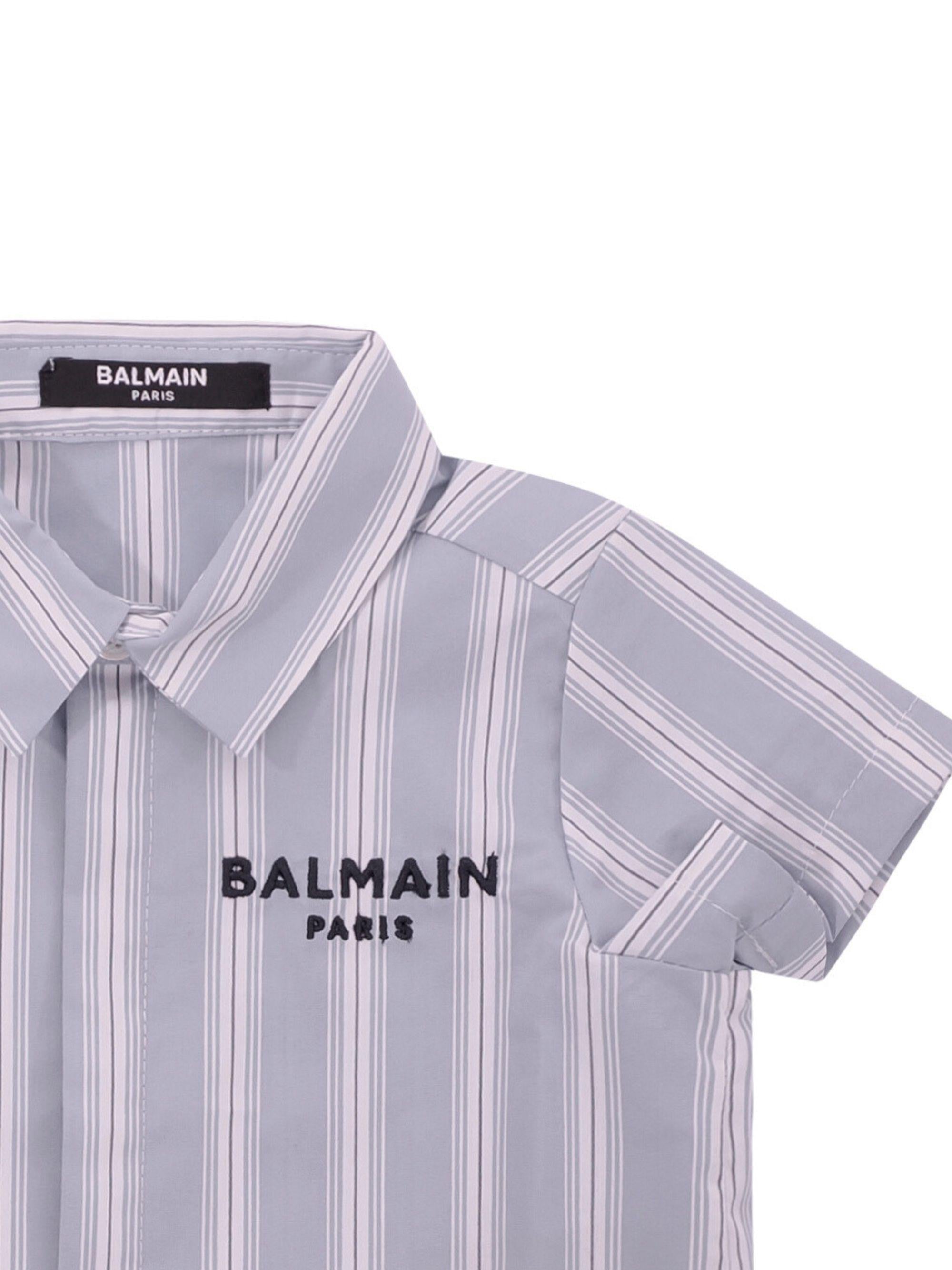 Camicia per neonato Balmain Kids azzurra con design a righe bianche BY5511 P0592 685BC BALMAIN KIDS
