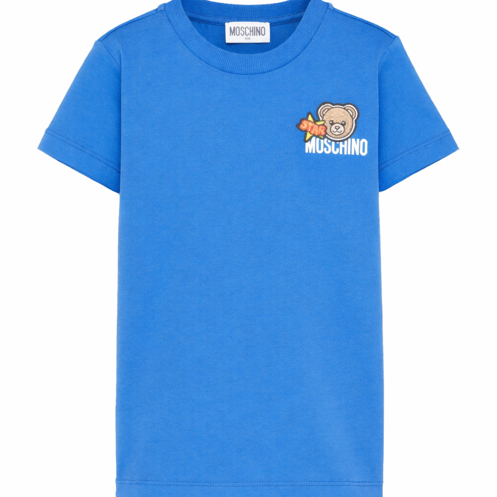 T-shirt per bambini Moschino Kids azzurra con ricamo Teddy Bear HTM058LAA24 40630 MOSCHINO KIDS