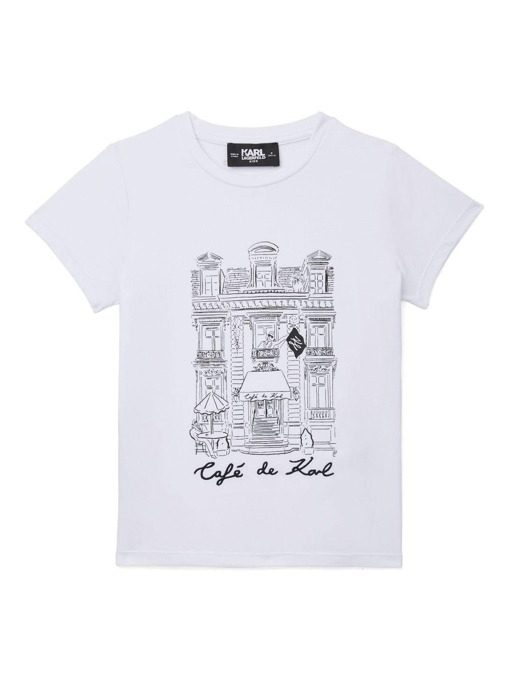 T-shirt per bambino Karl Lagerfeld Kids Karl Café bianco con stampa sul davanti Z30494 10P KARL LAGERFELD KIDS