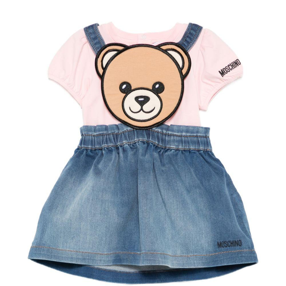 Set t-shirt e salopette per neonata Moschino Kids multicolore con stampa Teddy Bear sul davanti MDG01VLXE43 50209 MOSCHINO KIDS
