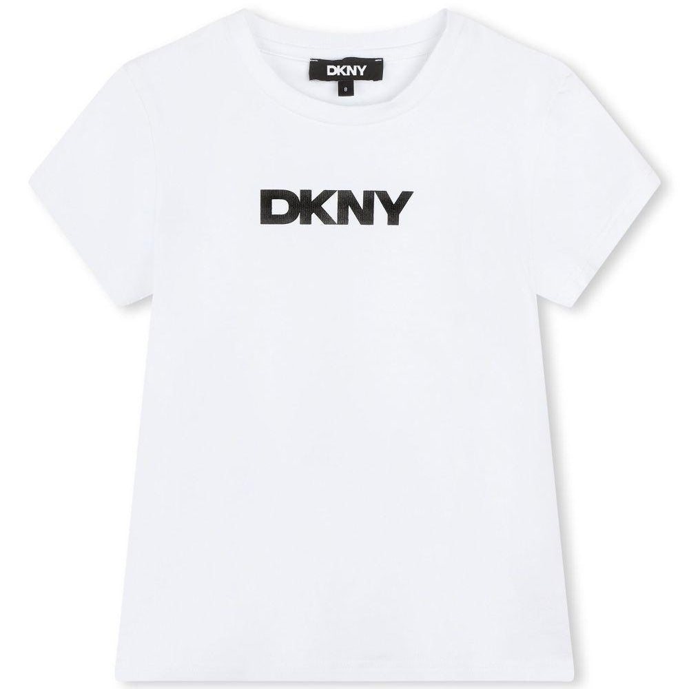 T-shirt per bambina Dkny Kids bianco con stampa con logo sul davanti D62304 10P DKNY