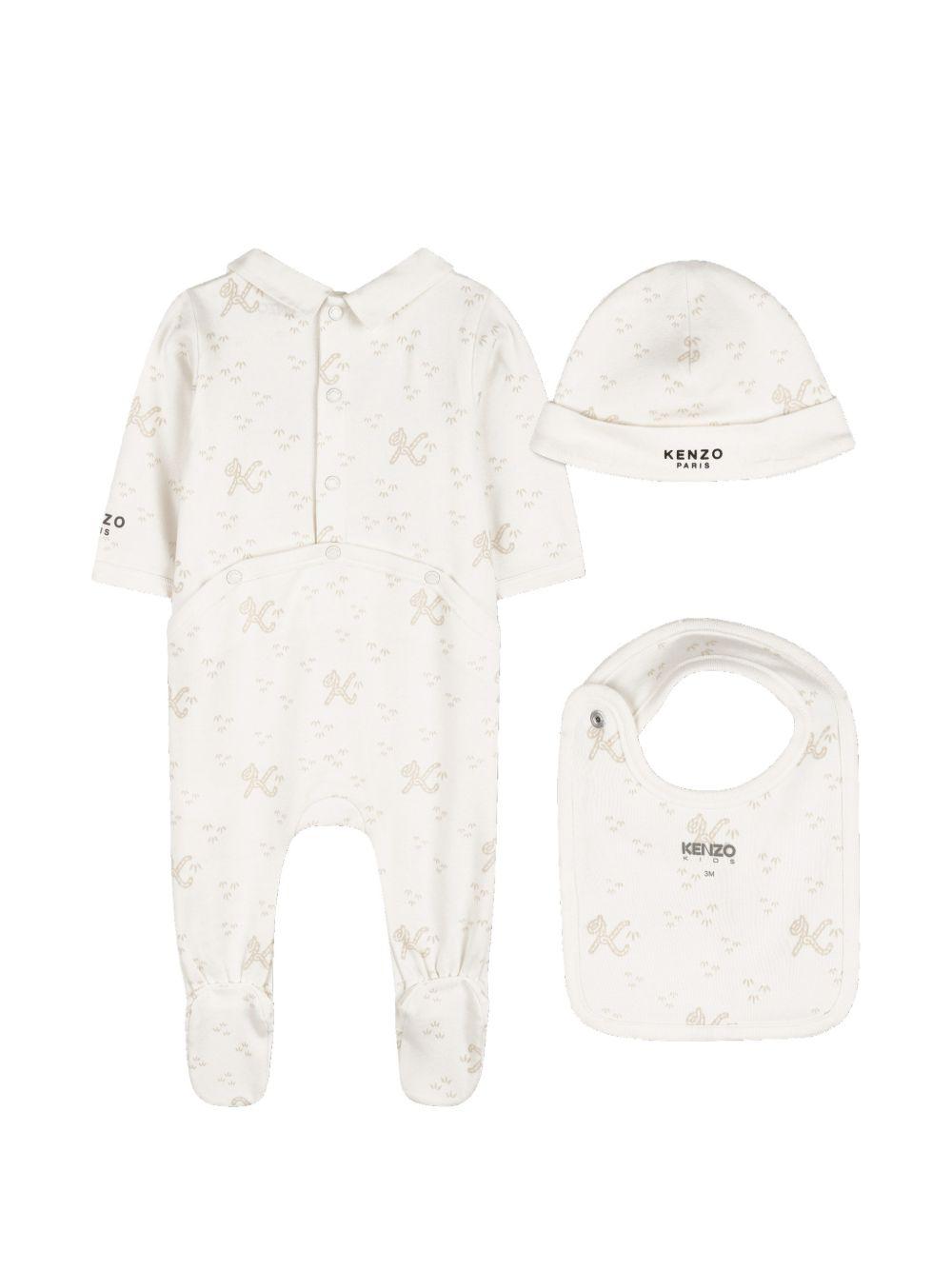 Set tutina, bavaglino e cappellino per neonato Kenzo Kids bianca con stampa a fantasia K61857 117 KENZO KIDS