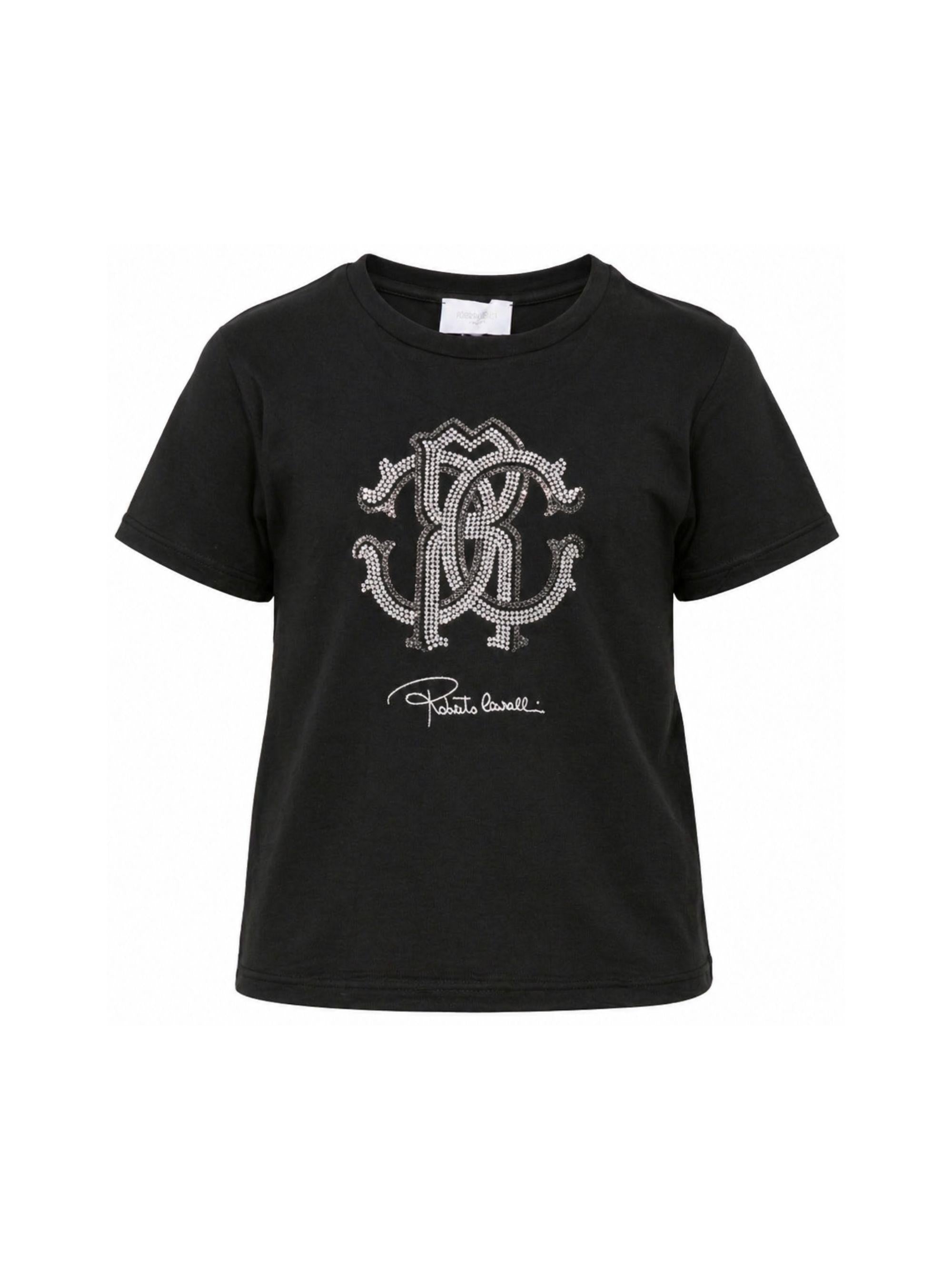 T-shirt per bambina Roberto Cavalli Kids nera con monogramma con glitter CGP26014TS BLACK ROBERTO CAVALLI KIDS