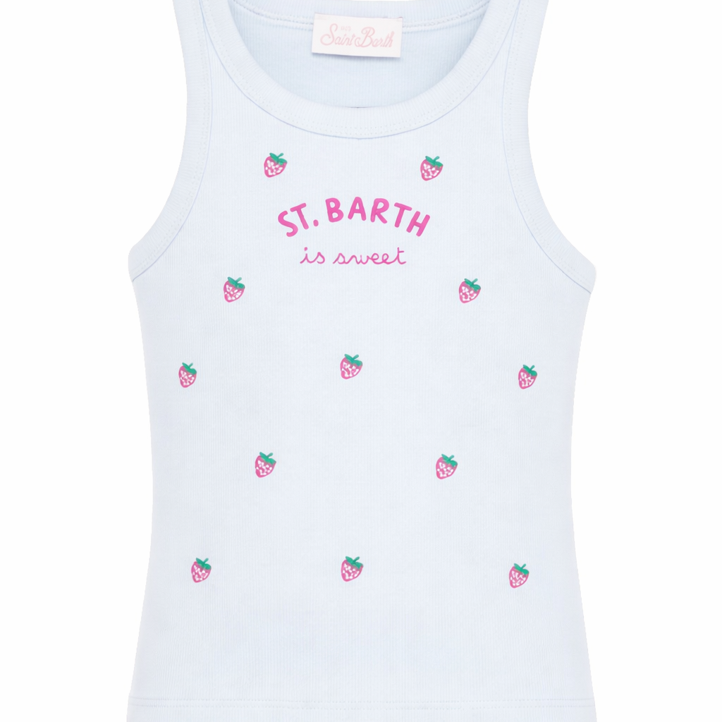 Canotta per bambina MC2 Saint Barth Kids azzurra con fragole ricamate all-over BLUE002 02269L MC2 ST. BARTH KIDS