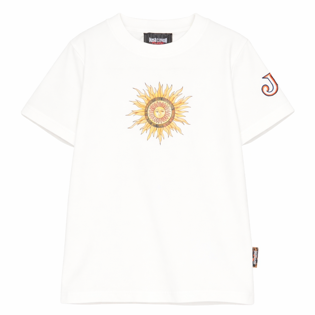 T-shirt per bambino Just Cavalli Kids bianca con dettaglio sole JBP26076TS PRISTINE ROBERTO CAVALLI KIDS