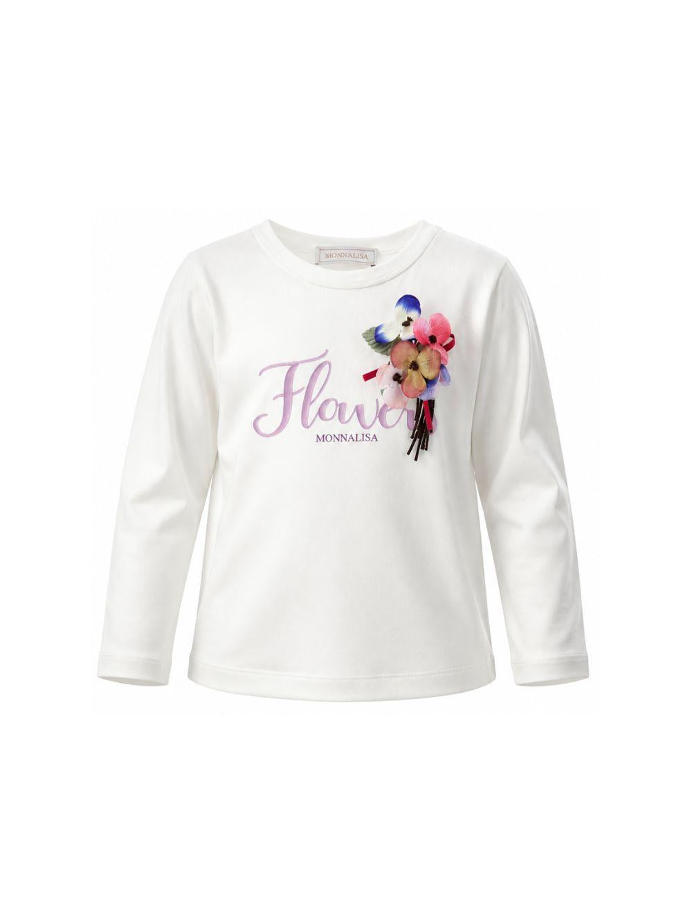 T-shirt per bambina Monnalisa Kids bianca con applicazione a fiori 11H608 8201 0001 MONNALISA KIDS
