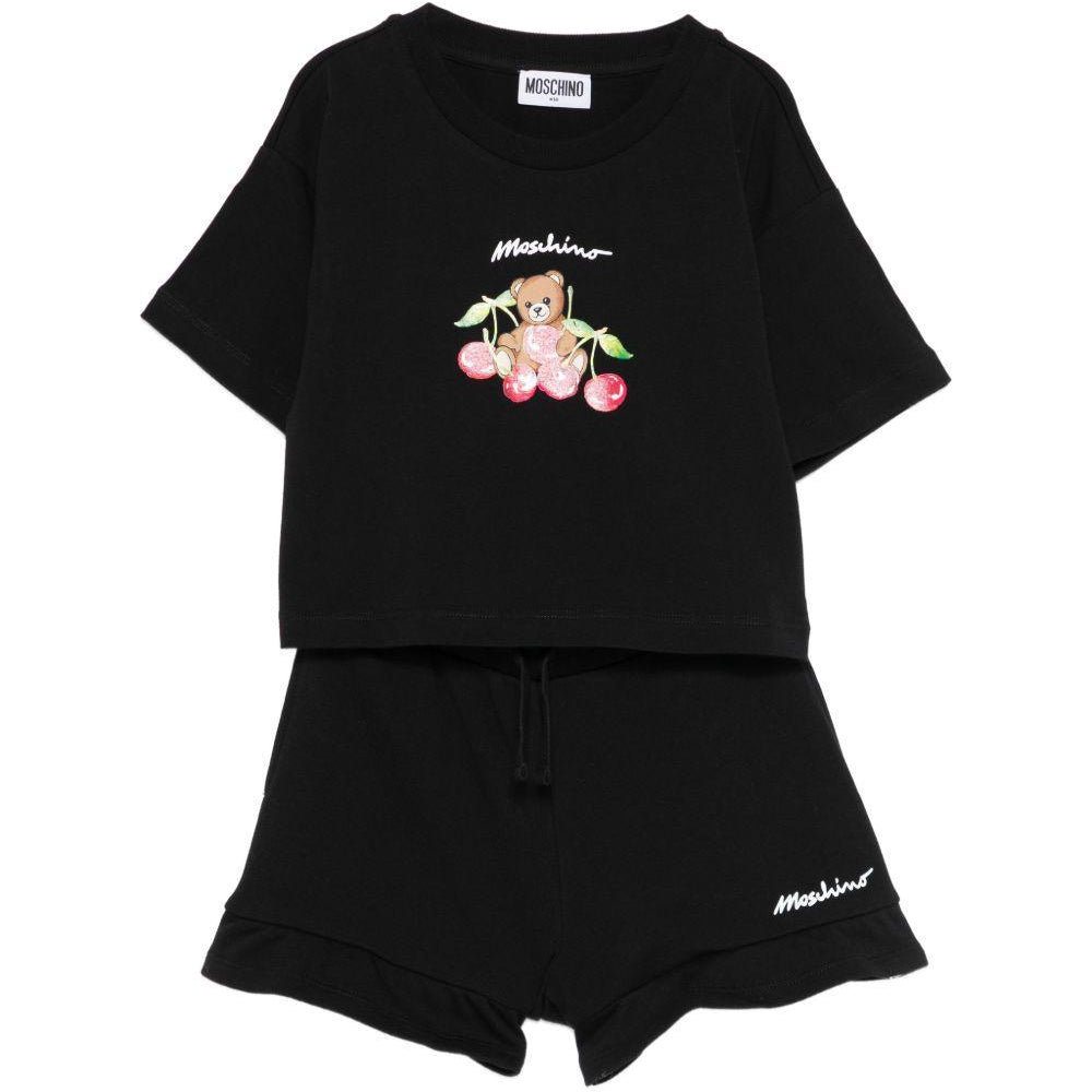 Set t-shirt e shorts per bambina Moschino Kids nero con stampa Teddy Bear sul davanti HDG01NLCA52 60100 MOSCHINO KIDS