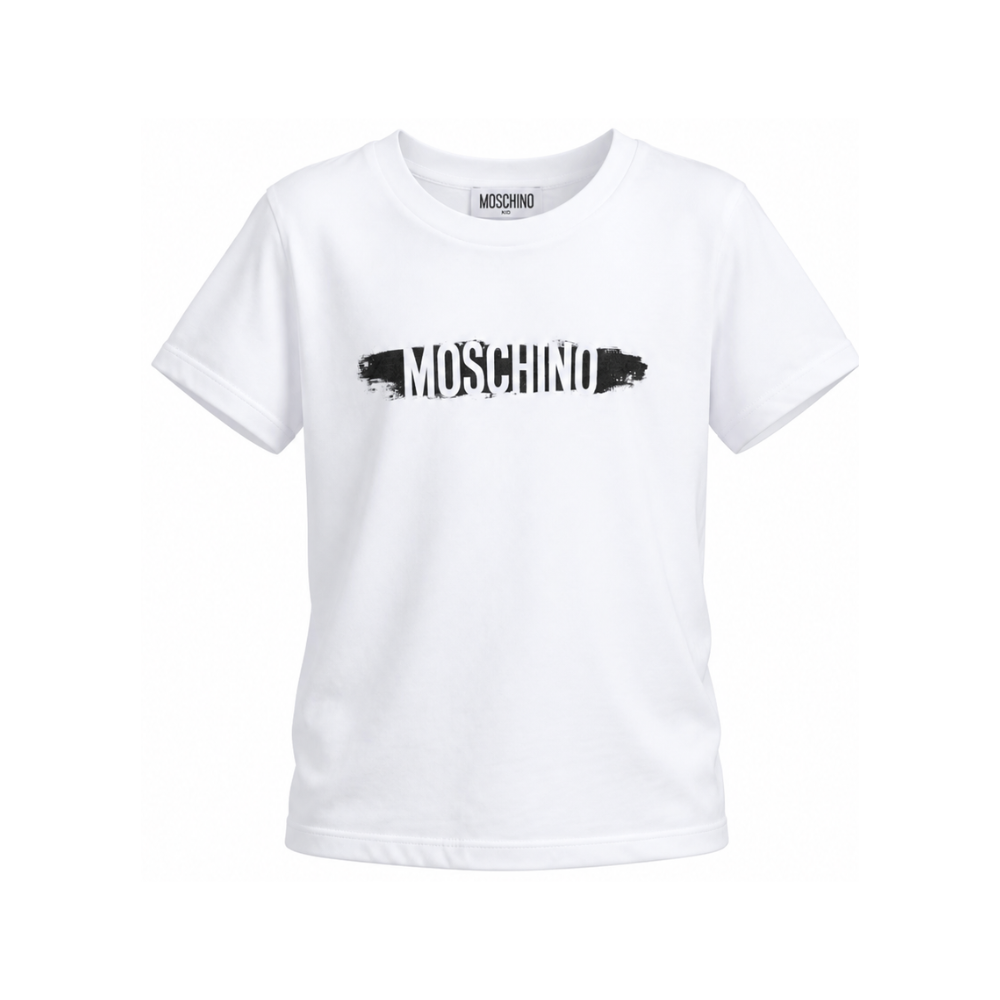 T-shirt per bambini Moschino Kids bianca con stampa logo sul davanti H8M058LAA10 10101 MOSCHINO KIDS