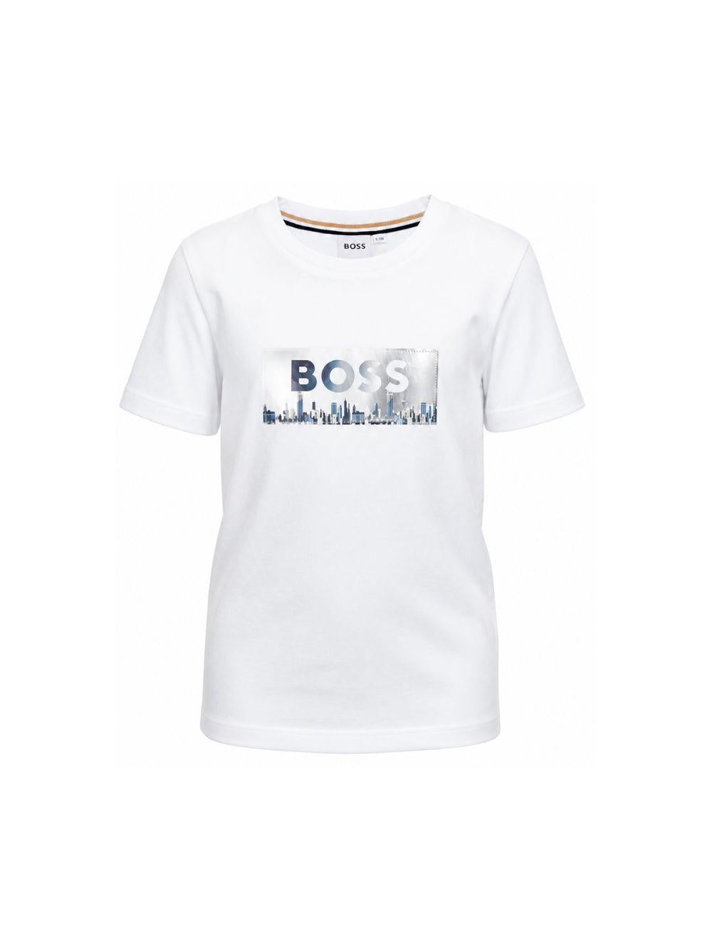 T-shirt per bambino Boss Kidswear bianco con logo sul davanti J52989 10P BOSS KIDS