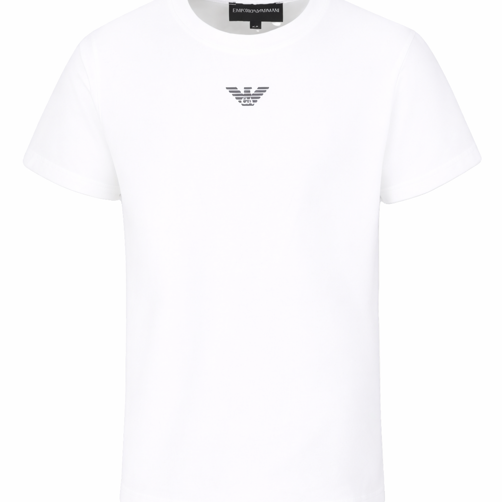 T-shirt per bambino Emporio Armani Kids bianca con logo sul davanti EB000421 AF15013 M0134 EMPORIO ARMANI KIDS