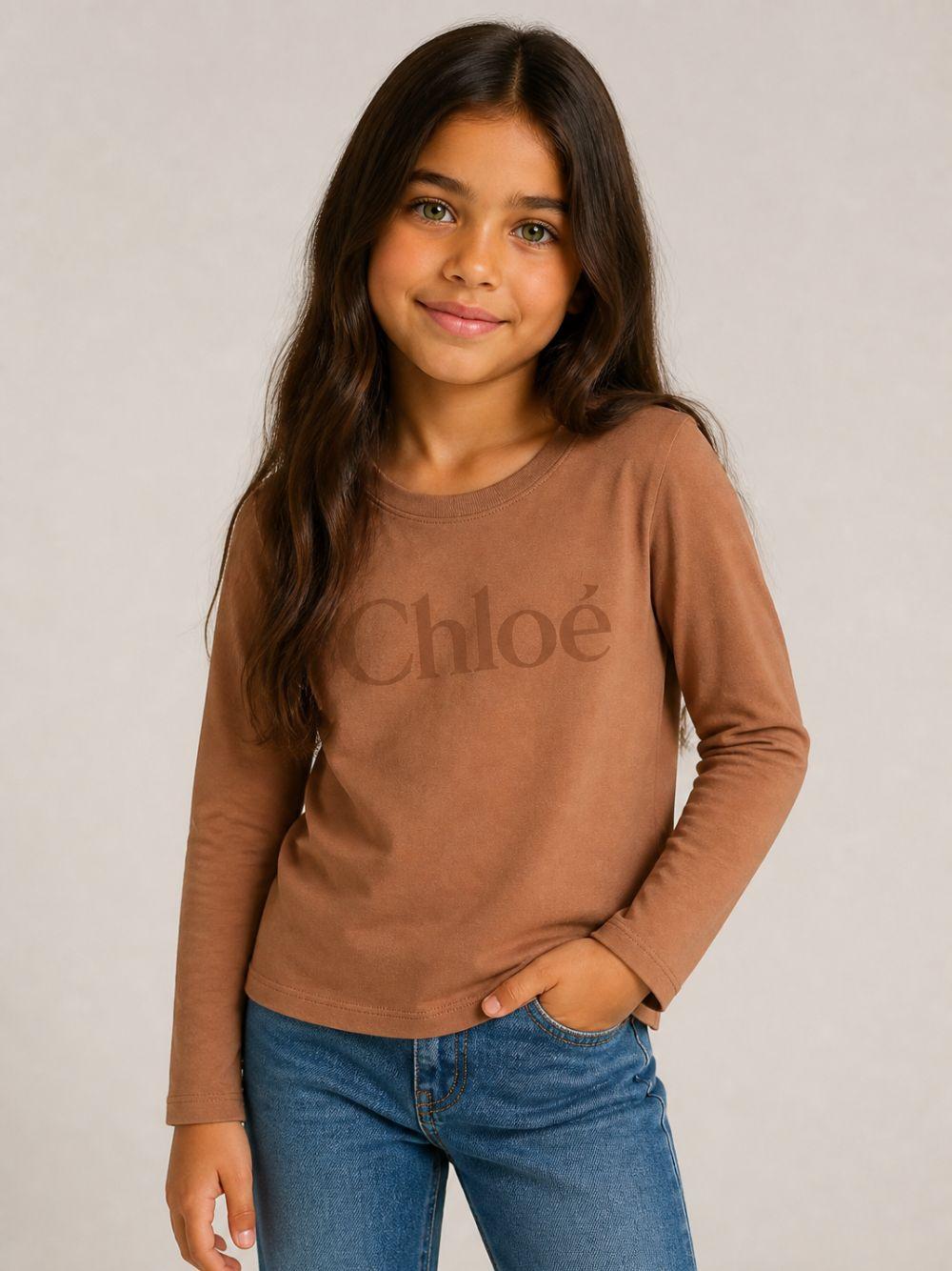 T-shirt per bambina Chloè Kids marrone con stampa logo sul davanti C21299 31F CHLOE' KIDS