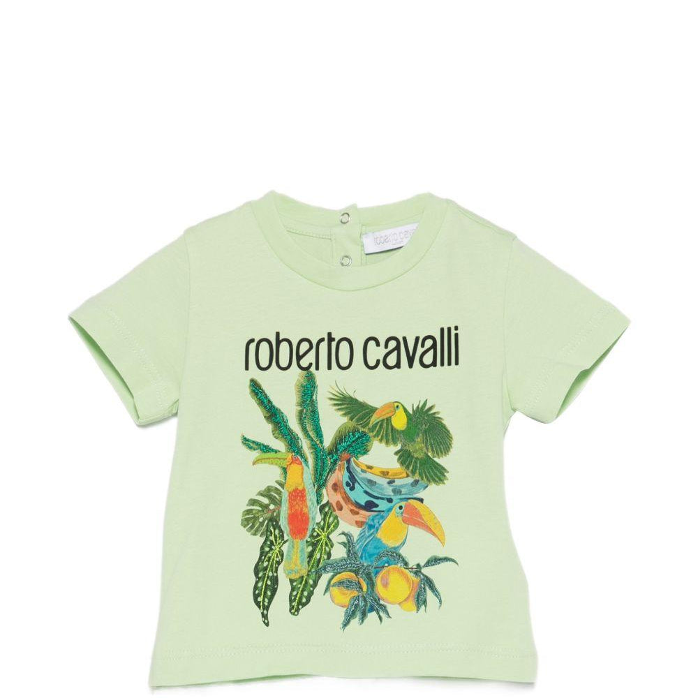 T-shirt per neonato Roberto Cavalli Kids verde con stampa grafica tropicale CIP26083TS GREEN LET. ROBERTO CAVALLI KIDS