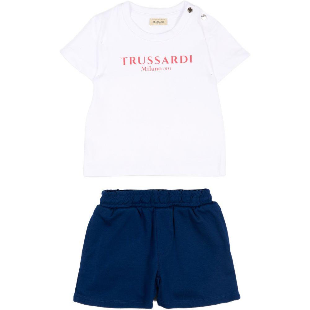 Set t-shirt e shorts per neonato Trussardi Junior bianco e blu con logo sul davanti TIP26008CJ WHITE/BL.E TRUSSARDI JUNIOR