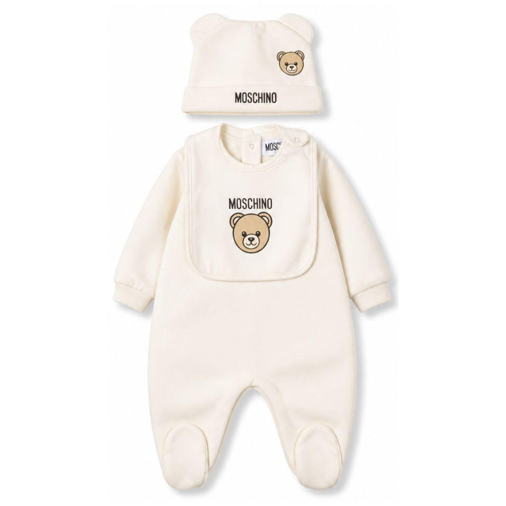Set tutina, berretto e bavaglino per neonati Moschino Kids bianco con stampa Teddy Bear MUY09PLCA40 10063 MOSCHINO KIDS