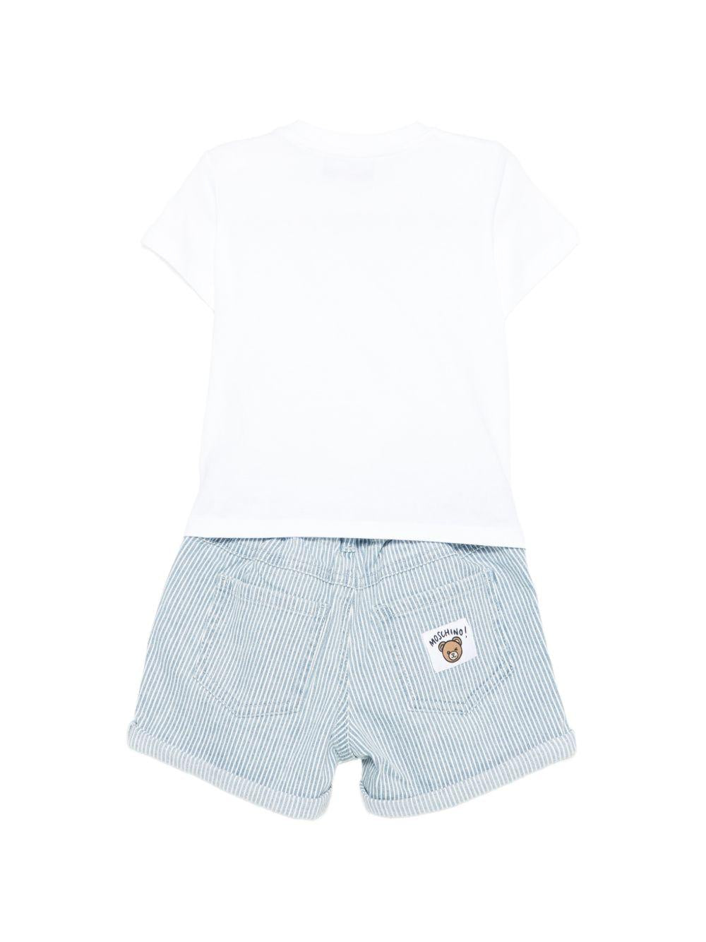 Set T-shirt e shorts per neonato Moschino Kids bianco e blu a righe MUG01OLXE63 86816 MOSCHINO KIDS