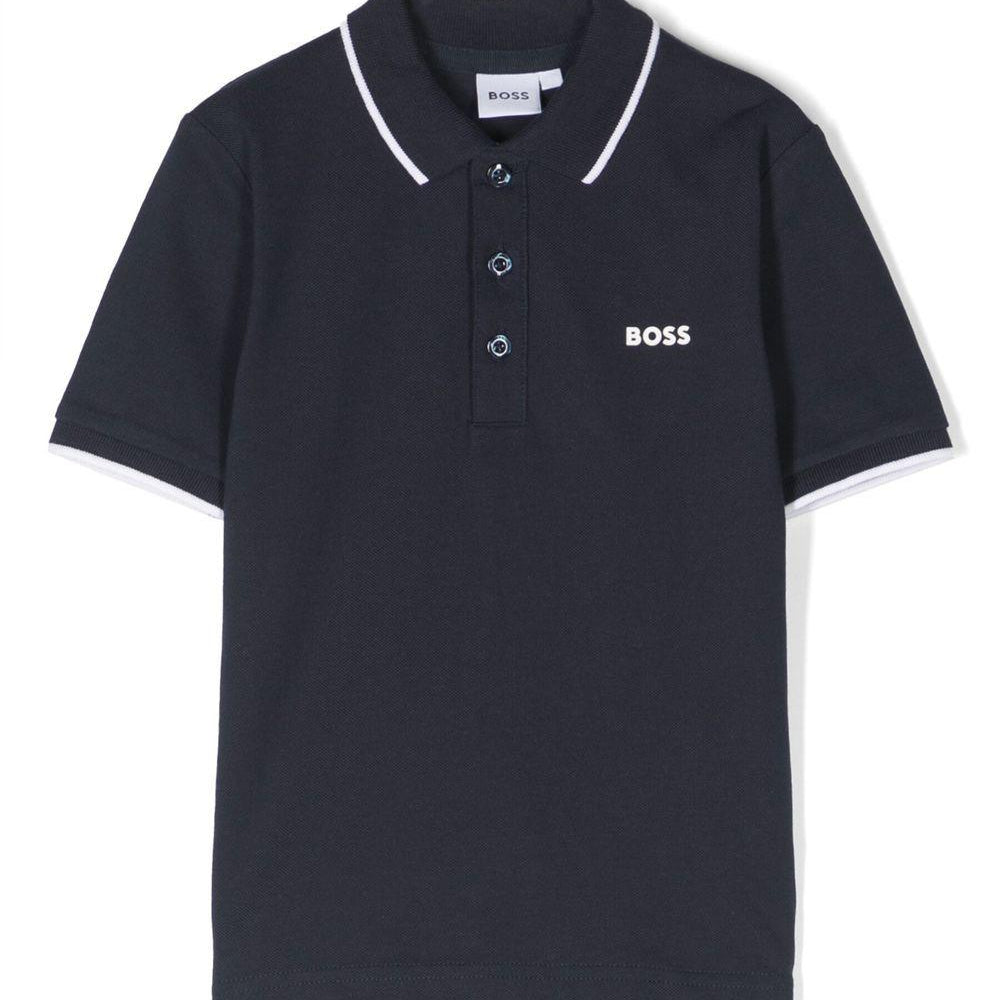Polo per bambino Boss Kids blu con stampa logo sul petto J25P26 849 BOSS KIDS
