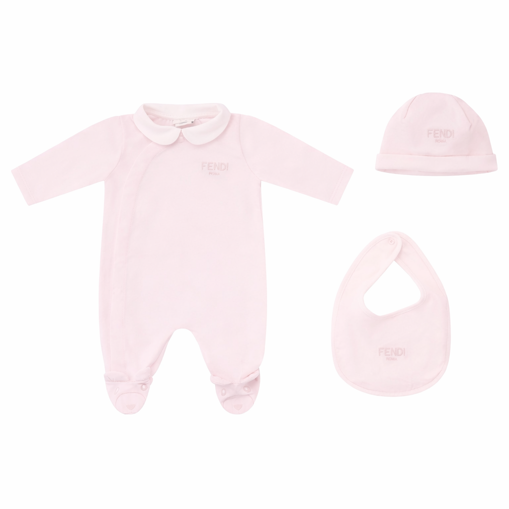 Set tre pezzi per neonata Fendi Kids rosa con logo Fendi sul davanti BUK154 ST8 F0C11 FENDI KIDS