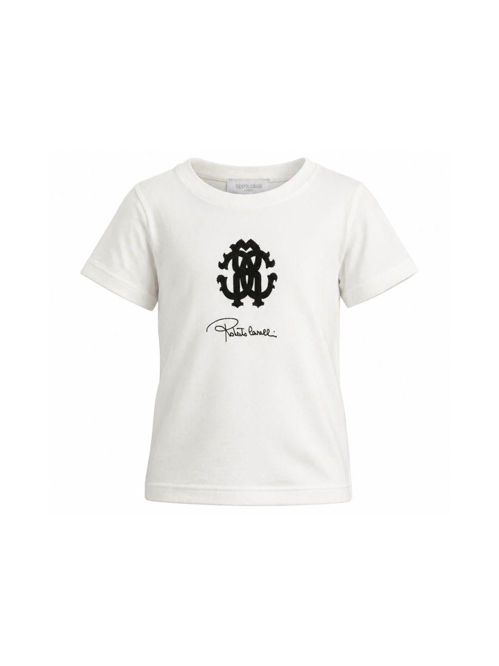T-shirt per bambino Roberto Cavalli Kids bianca con stampa logo sul davanti CBP26132TS WHITE ROBERTO CAVALLI KIDS