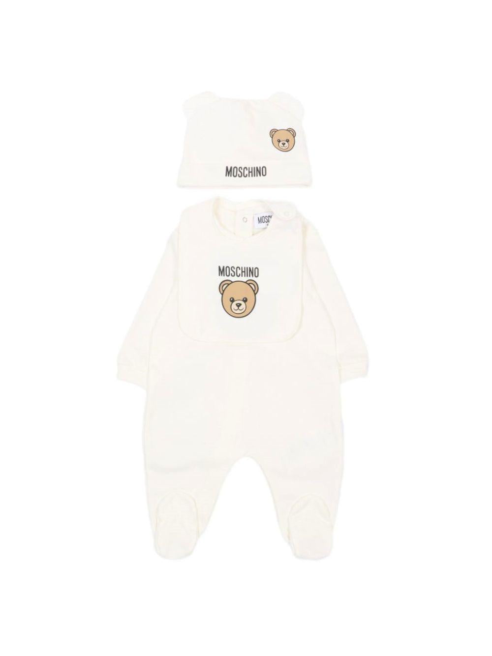 Set tutina, berretto e bavaglino per neonati Moschino Kids bianco con stampa Teddy Bear MUY09PLCA40 10063 MOSCHINO KIDS
