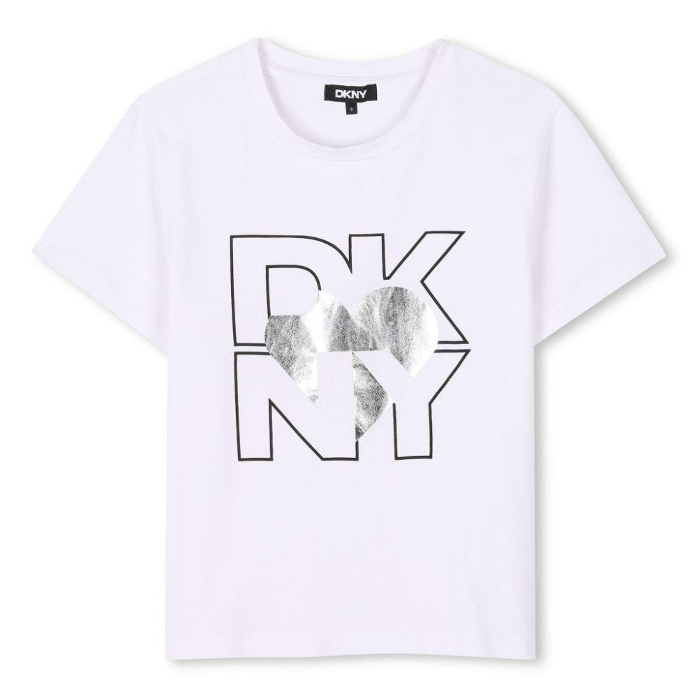 T-shirt con stampa per bambino Dkny Kids bianco con dettaglio lucido D62305 016 DKNY