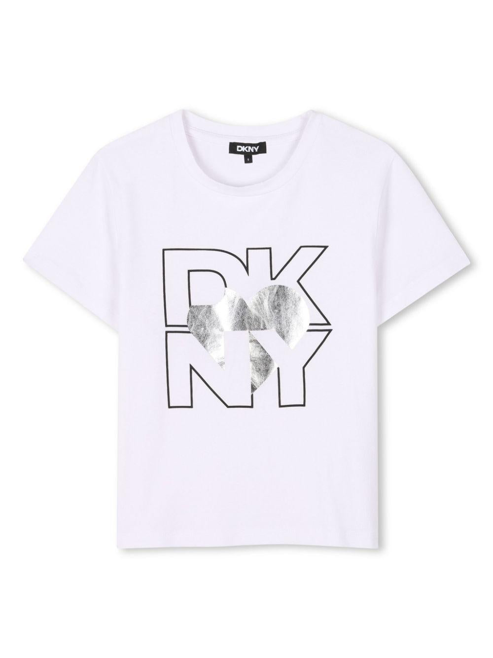 T-shirt con stampa per bambino Dkny Kids bianco con dettaglio lucido D62305 016 DKNY