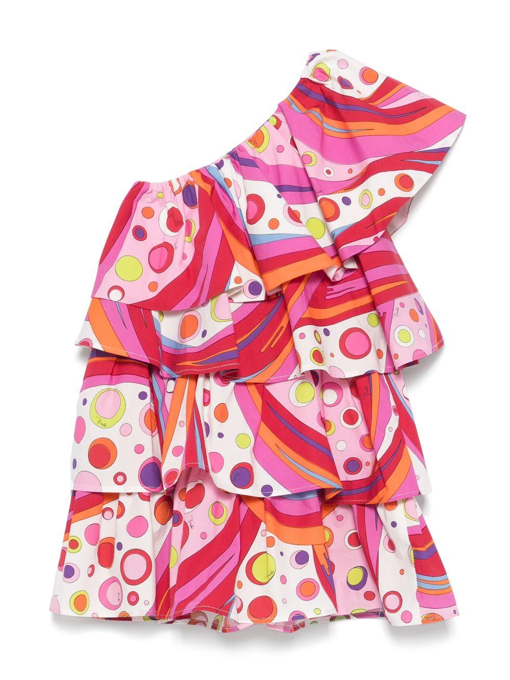 Abito monospalla per bambina PUCCI Junior rosa con dettagli con ruches PW1B82 P0494 437MC EMILIO PUCCI JUNIOR