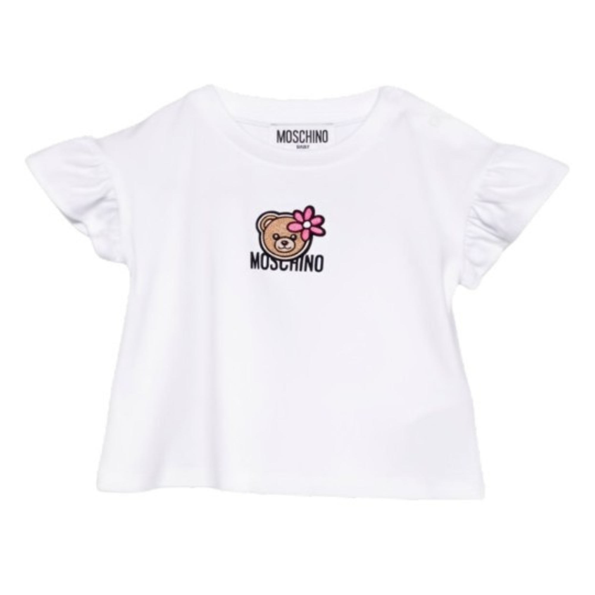 T-shirt per neonata Moschino Kids bianca con maniche a ruches MDM03RLBA00 10101 MOSCHINO KIDS