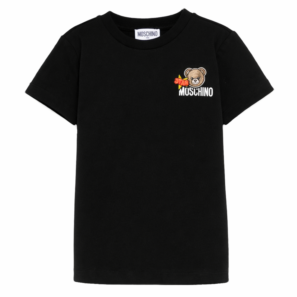 T-shirt per bambini Moschino Kids nera con ricamo Teddy Bear HTM058LAA24 60100 MOSCHINO KIDS