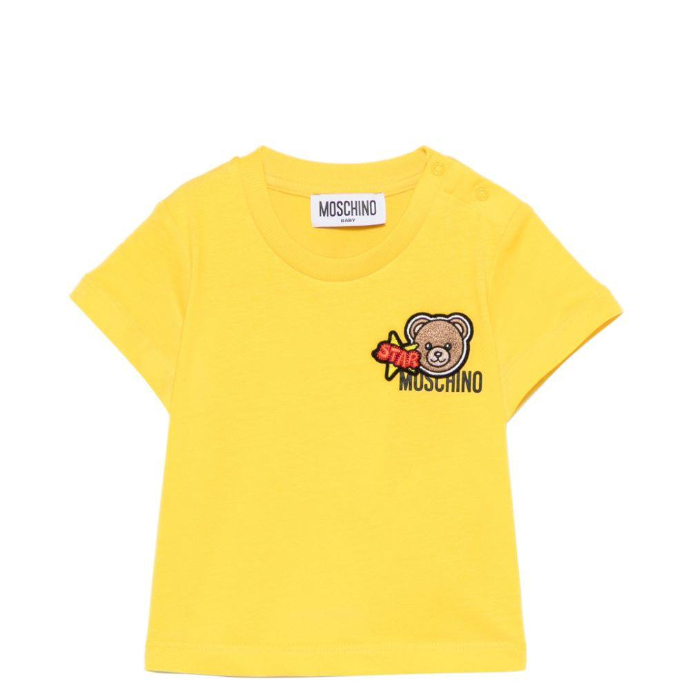 T-shirt per neonati Moschino Kids gialla con Teddy Bear ricamato MVM047LAA24 50577 MOSCHINO KIDS