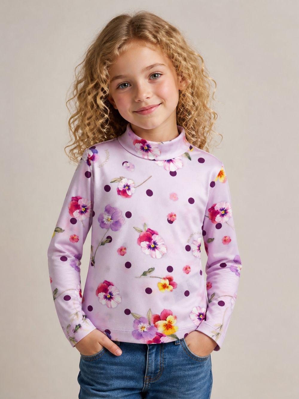 T-shirt per bambina Monnalisa Kids rosa con stampa a fiori e motivo a pois 11H618 8653 0063 MONNALISA KIDS