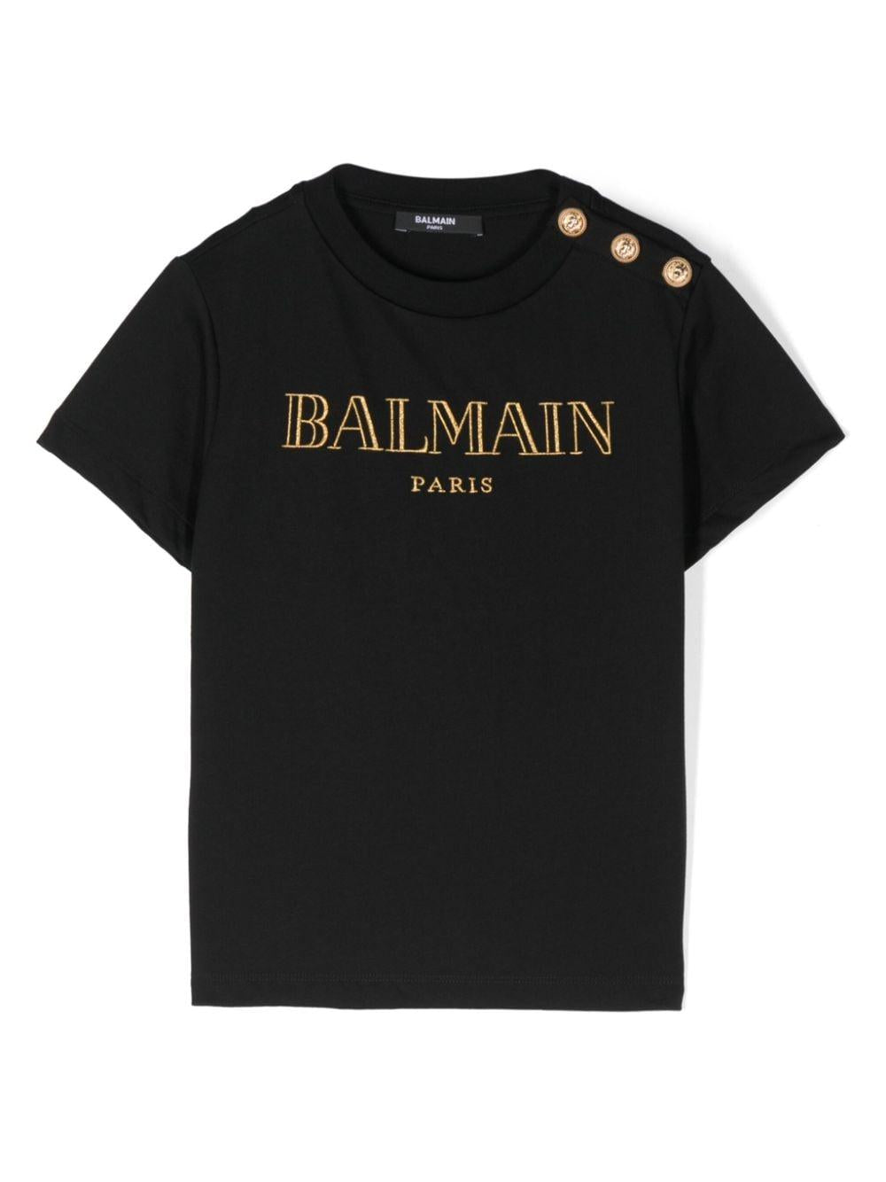 T-shirt con logo glitter per bambina Balmain Kids nero con bottoni oro BV8B91 Z0082 930OR BALMAIN KIDS