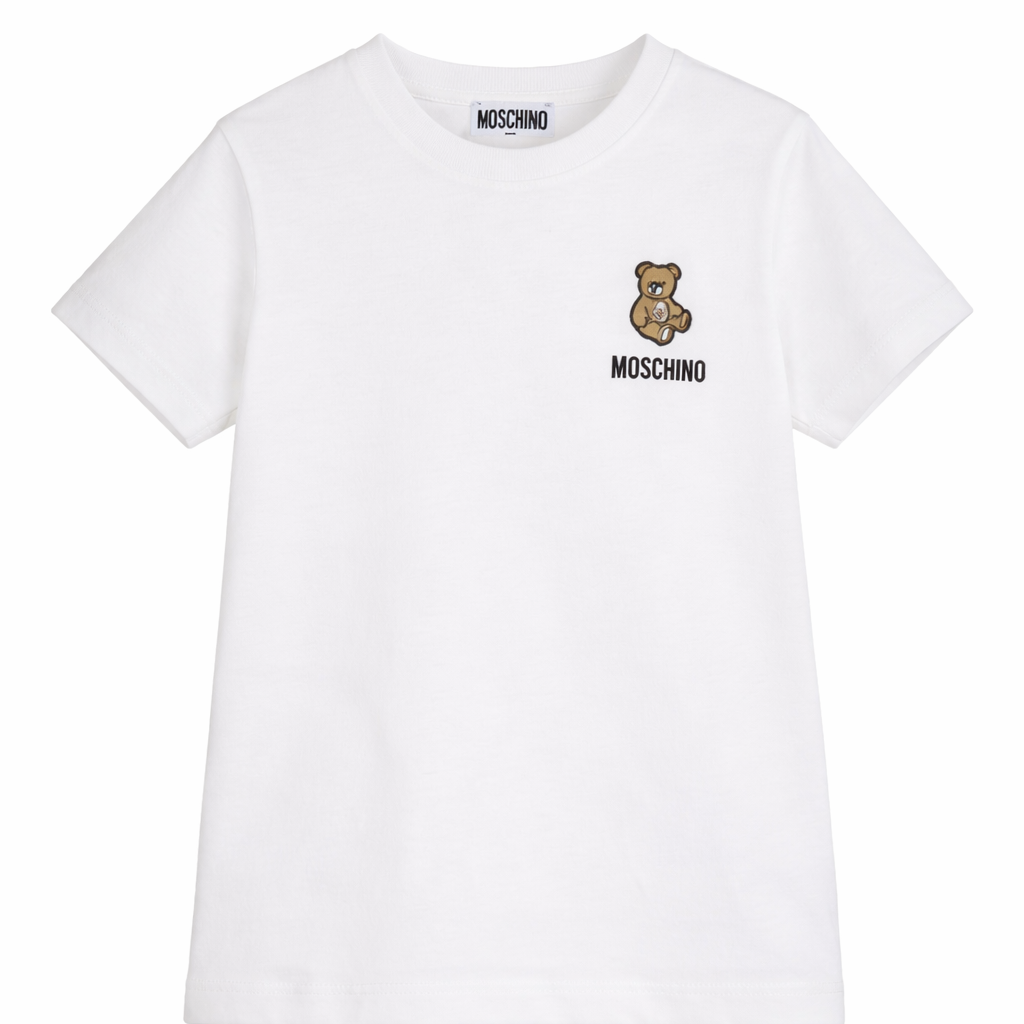 T-shirt per bambini Moschino Kids bianca con ricamo Teddy Bear HUM05TLAA02 10063 MOSCHINO KIDS